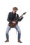 Talented young stylish male rocker guitarist playing electric guitar solo with passion.