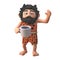 Talkative 3d cartoon caveman character is drinking his ninth cup of coffee, 3d illustration