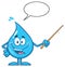 Talking Blue Water Drop Cartoon Mascot Character Using A Pointer Stick With Speech Bubble.