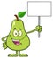 Talking Green Pear Fruit With Leaf Cartoon Mascot Character Holding A Blank Sign