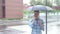 Talking on Phone, Standing Under Umbrella during Rain
