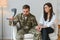 Talking to doctor. Soldier have therapy session with psychologist indoors