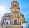 The tall bell tower of San Pedro church of Arcos, Spain