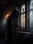 A tall blackrobed figure stares out of a window an eerie light radiating from its eyes. Gothic art. AI generation