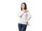 Tall caucasian attractive adult woman with long dark hair in jeans and pullover, casual style. Typical model, posing in
