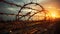 a tall chain-link fence topped with menacing barbed wire, encircling a secure facility. The composition conveys a strong