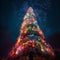 Tall Christmas tree in a city landscape with bright lights. AI Generated
