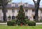 Tall Christmas tree topped with a large star on the lawn of a mansion in Highland Park, Texas