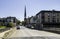 Tall church steeple over looking historic Lincoln highway