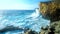 Tall cliffs of San Lawrenz coast with strong waves, Malta