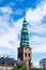 A tall clock tower, church in Copenhagen, Denmark