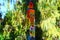 Tall colorful hand painted wooden post in the garden surrounded by lush green vegetation