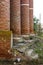 Tall columns part of the ruins of the old brick Lutheran church of the Volga Germans