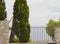 Tall cypress with cones and metal lattice fence with stone pillars on the Mediterranean coast, Palma de Mallorca