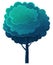 Tall deciduous tree isolated on blue. Forest vegetation, dark blue foliage, lush crown. Flat image