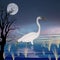 Tall egret wading in low waters in the evening with Full moon