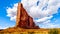 Tall and fragile sandstone Rock Fin names the Tower of Babel in the desert landscape of Arches National Park