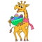 A tall giraffe with a happy face carries a basket of easter eggs on its back, doodle icon image kawaii
