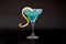 A tall glass of Blue Curacao liqueur with lemon zest and sugar rimmed on a black background