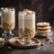 Tall glass filled with creamy and nutty Soumada on a table surrounded by sweet treats
