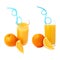 Tall glass filled with the orange juice with curved blue plastic drinking straw inside and fruits, composition isolated