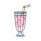 Tall glass milkshake with bubbles and yellow tube. Color strawberry cocktail icon. Hand drawn cartoon illustration. Isolated