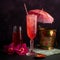 Tall glass of pink ginger ale and grenadine syrup with festive garnishes