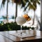 A tall glass of a refreshing pina colada beach cocktail on a palm beach background, closeup, generative AI
