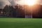 Tall goal post for Irish National sports on a training pitch against dark trees at sunset. Sun flare. Copy space. Camogie, hurling