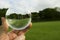 Tall goal post for rugby, hurling and camogie training in glass ball. Popular active game in Ireland. National sport. Park with