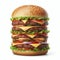 A tall and hearty hamburger on a white background. ai generative