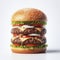 A tall and hearty hamburger on a white background. ai generative
