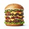 A tall and hearty hamburger on a white background. ai generative