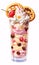 A tall ice cream cocktail glass filled with vanilla strawberry ice cream with cookie pieces and cherries