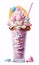 A tall ice cream shake glass filled with strawberry milk ice cream with pieces of cookies and sweet crisps