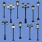 Tall lanterns. Vintage street lamps, classical outdoor design elements for lighting. Electric lamp post isolated collection