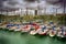 Tall luxury boats and yachts moored in duquesa Port In Spain. Barcelona