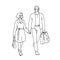 Tall man with medical mask and woman with facial tissue walking with him by the hand. Vector illustration of couple of
