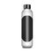 Tall narrow cylinder shaped white bottle with blank round black label and screw cap, realistic vector mockup. Template