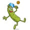 Tall pickle cartoon character leaping to hit a lobbed pickleball on the court