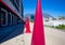 Tall and pink construction cones standing in the Silo District in Cape Town.