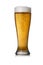 Tall pint glass of freshly poured golden amber beer with frothy head and bubbles