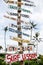 Tall post with colored wooden signboards pointing to various a beach services. Palm trees background