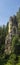 Tall sandstone rock formation in forest