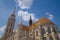 Tall sharp towers of St. Matthias Church in Budapest, Hungary