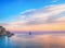 Tall ship sailing on the sea in the evening sunlight, Mediterranean sea, Turkey