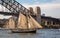 Tall ship Tecla passing under Sydney Harbour Bridge