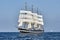 Tall Ship under sail with the shore