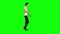 Tall skinny teen guy calmly walking and drinking coffee on green screen background. Chroma key, 4k shot. Profile view.