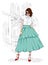 A tall, slender girl in a midi skirt, a blouse, high-heeled shoes and a clutch. Vector illustration. Clothing and accessories.